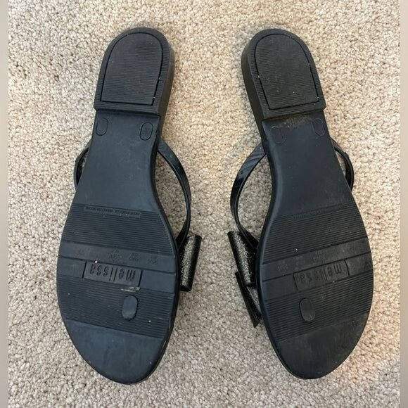 MELISSA Jelly Sandal Black Gold Glitter Bow Size 10 - Picture 3 of 11